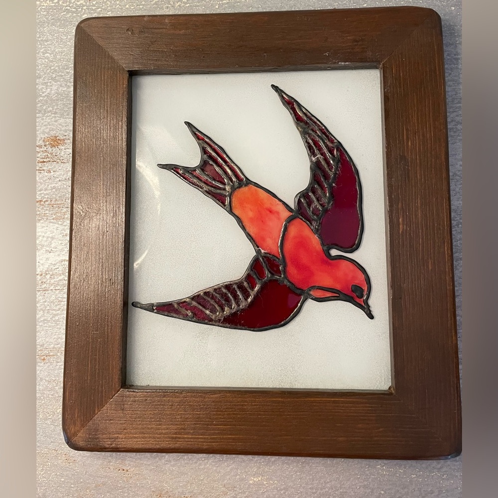 Vintage Framed Stained Glass Red Bird